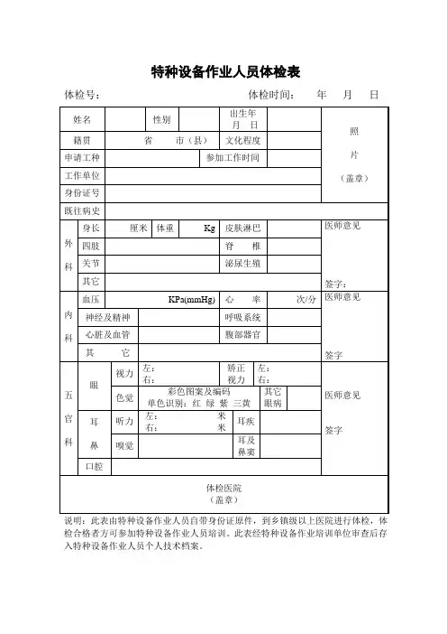 特种设备作业人员体检表