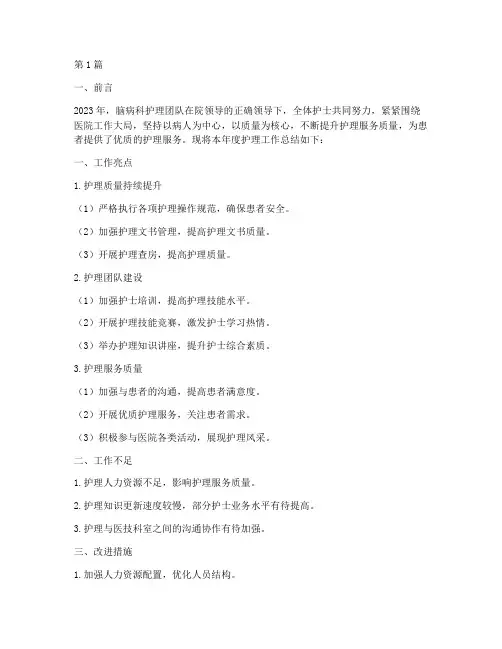 脑病科护理年度总结(3篇)