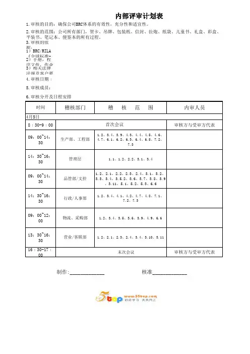 BRC体系内审计划表