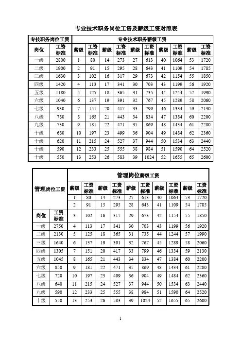 专业技术职务岗位工资及薪级工资对照表(A4)