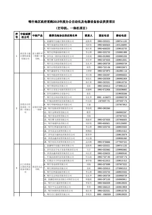 2013年喀什地区办公自动化及电器设备协议采购供应商名单(1)xls