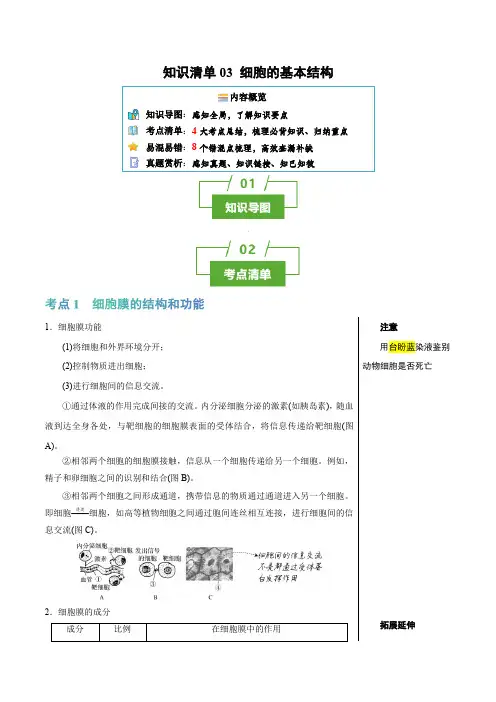 知识清单03+细胞的基本结构(4大考点+8个易错点)-2025年高考生物一轮复习知识清单