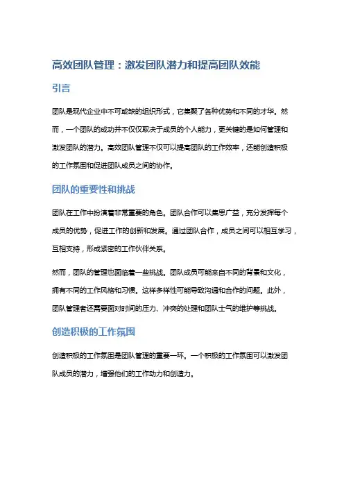 高效团队管理：激发团队潜力和提高团队效能
