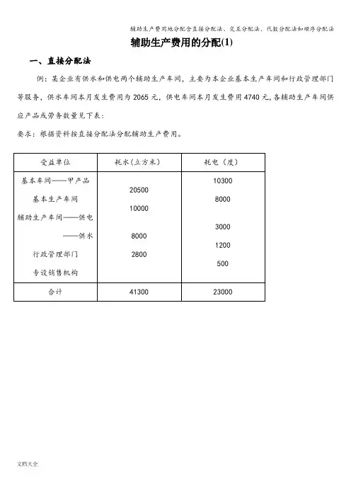 辅助生产费用地分配含直接分配法、交互分配法、代数分配法和顺序分配法