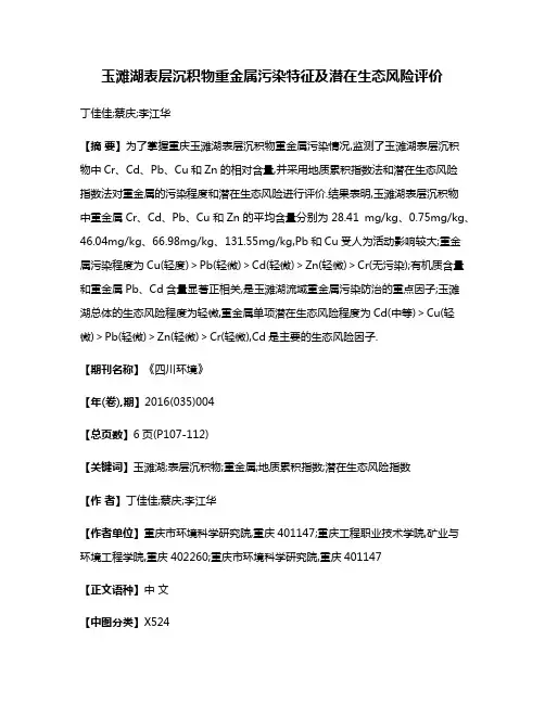 玉滩湖表层沉积物重金属污染特征及潜在生态风险评价