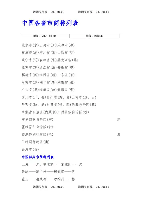 中国各省市简称列表之欧阳美创编