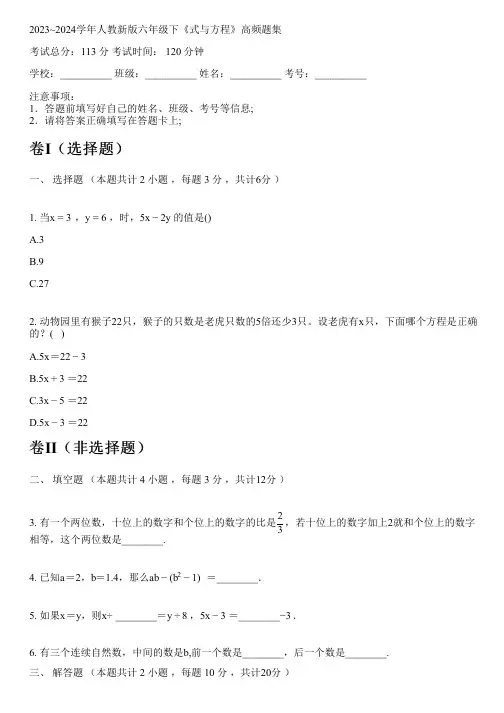 2023~2024学年人教新版六年级下《式与方程》高频题集