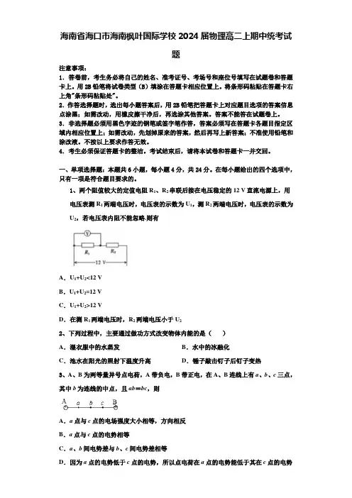 海南省海口市海南枫叶国际学校2024届物理高二上期中统考试题含解析