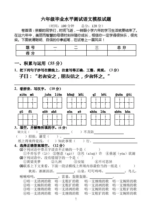 涟水实小毕业水平测试语文试题(