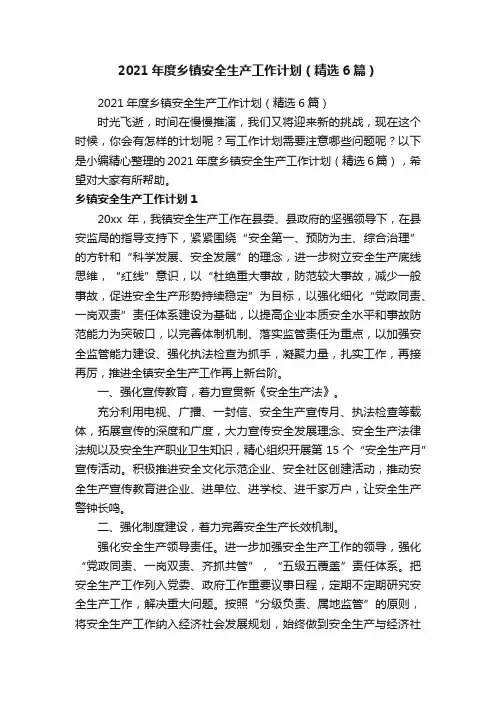 2021年度乡镇安全生产工作计划（精选6篇）
