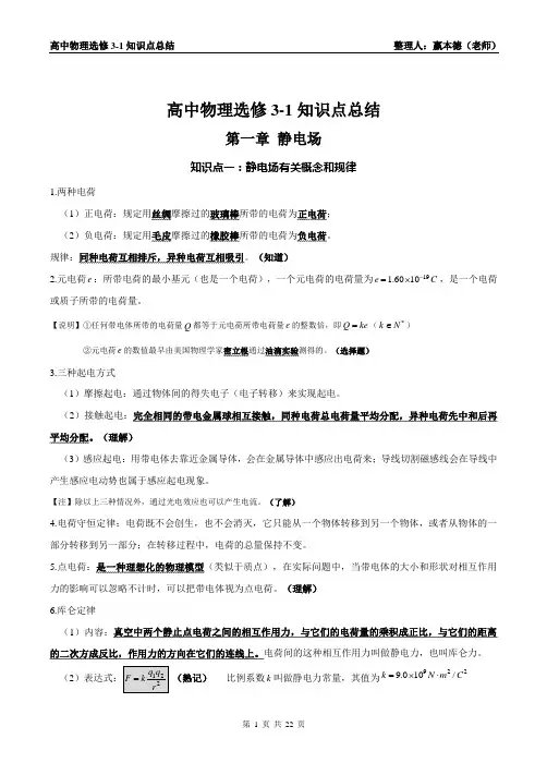 高中物理人教版选修3-1：知识点总结