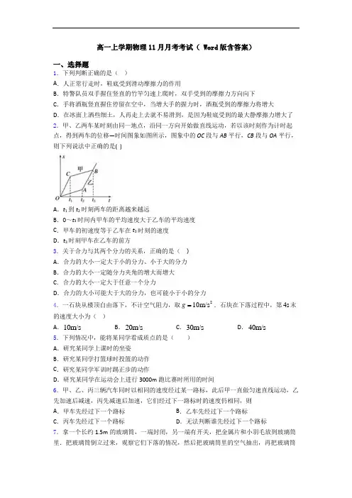 高一上学期物理11月月考考试( Word版含答案)