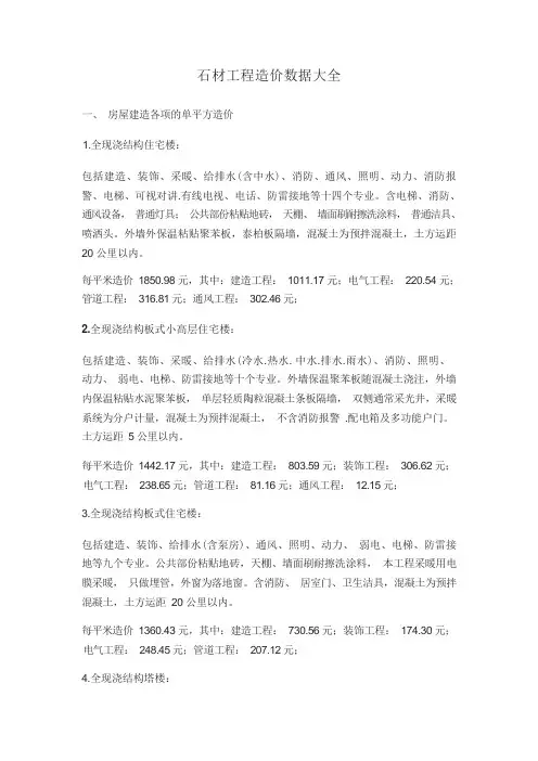 石材工程造价数据大全