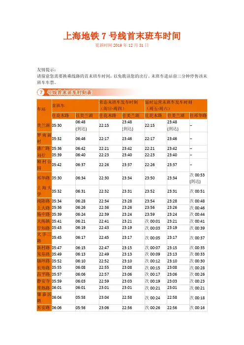 上海地铁7号线各站首末班车时间(更新时间2019年12月31日)