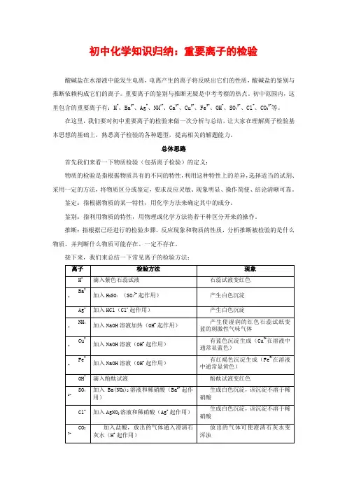 初中化学知识归纳重要离子的检验