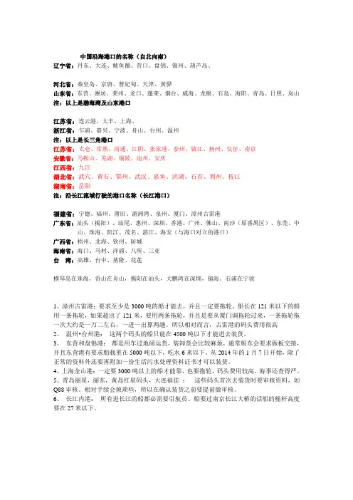 中国沿海港口名称及长江港口名称