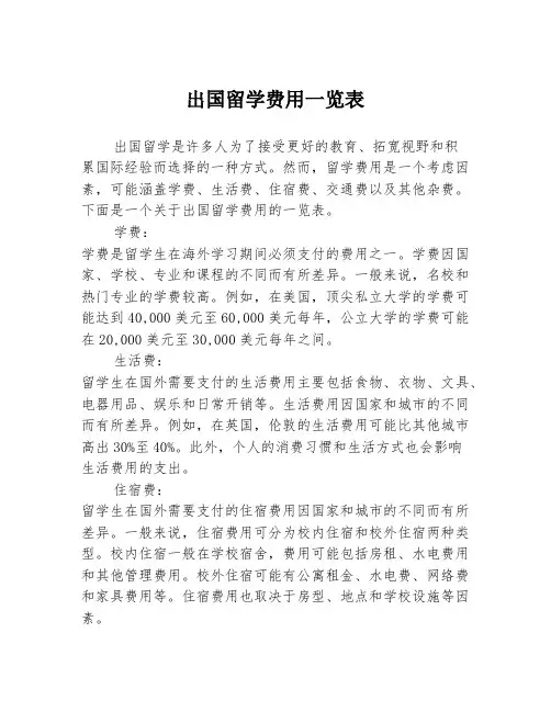 出国留学费用一览表