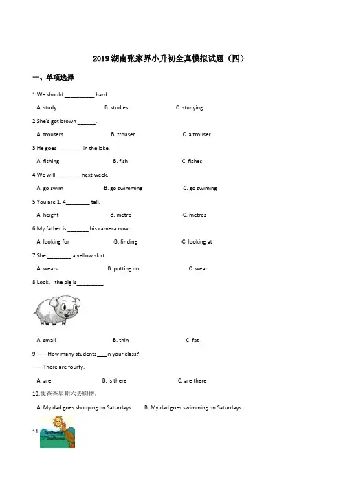 六年级下册英语试题--2019湖南张家界小升初全真模拟试题(四) 湘少版 含答案