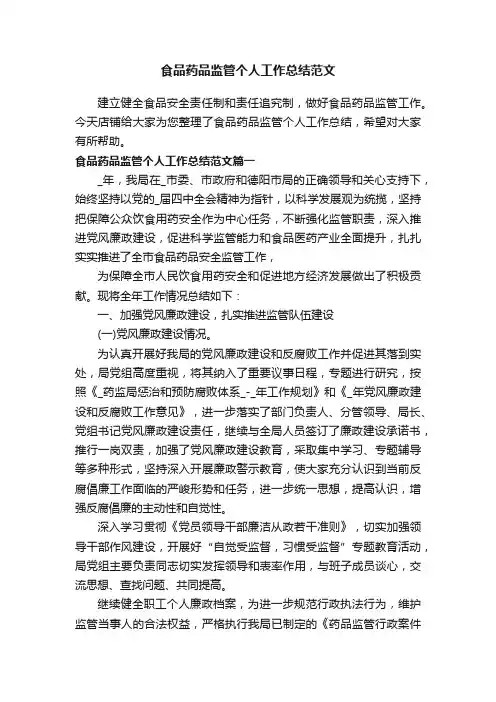 食品药品监管个人工作总结范文