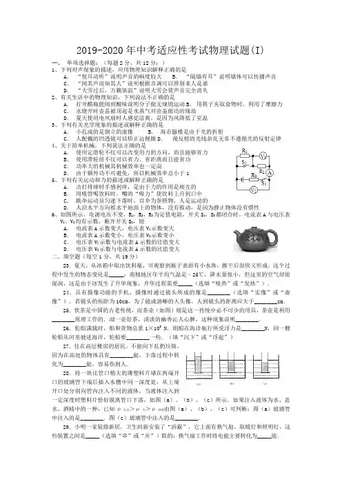 2019-2020年中考适应性考试物理试题(I)