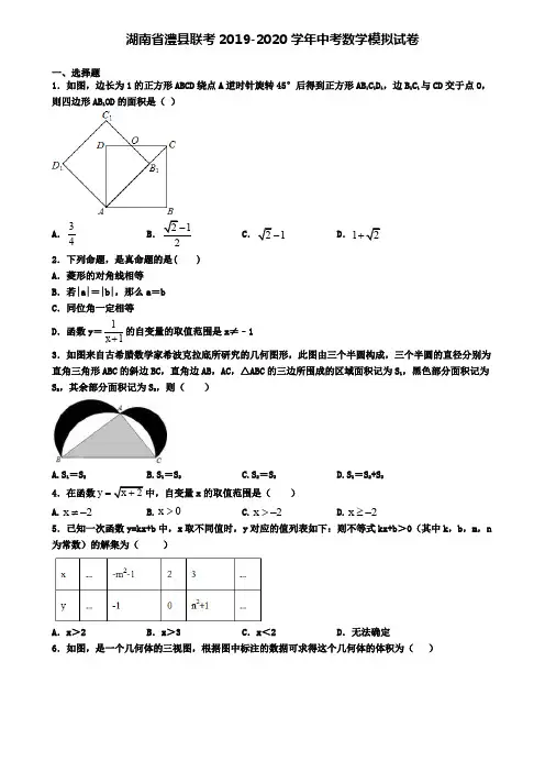 湖南省澧县联考2019-2020学年中考数学模拟试卷