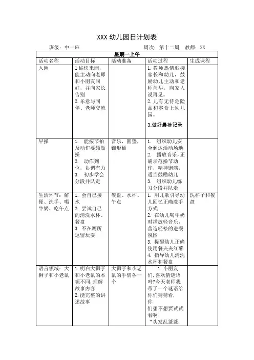 幼儿园中班第十二周日计划表
