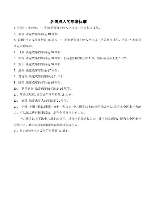 各国成人的年龄标准