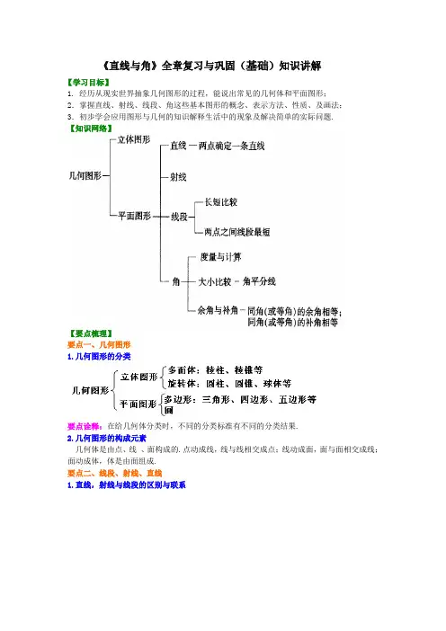 沪科版初中数学初一上册《直线与角》全章复习与巩固(基础)知识讲解