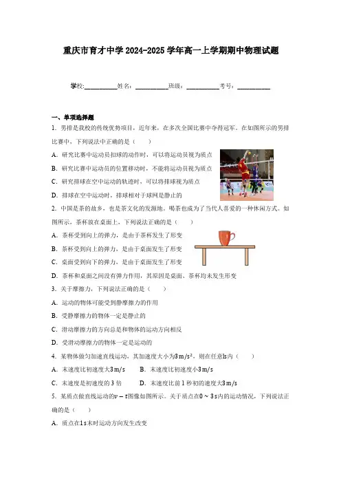 重庆市育才中学2024-2025学年高一上学期期中物理试题