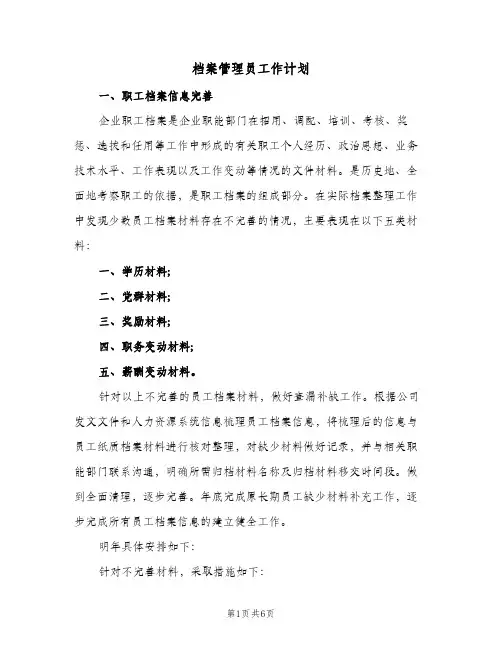 档案管理员工作计划（3篇）