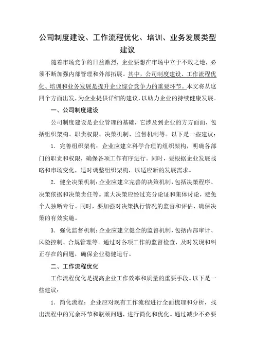 公司制度建设、工作流程优化、培训、业务发展类型建议
