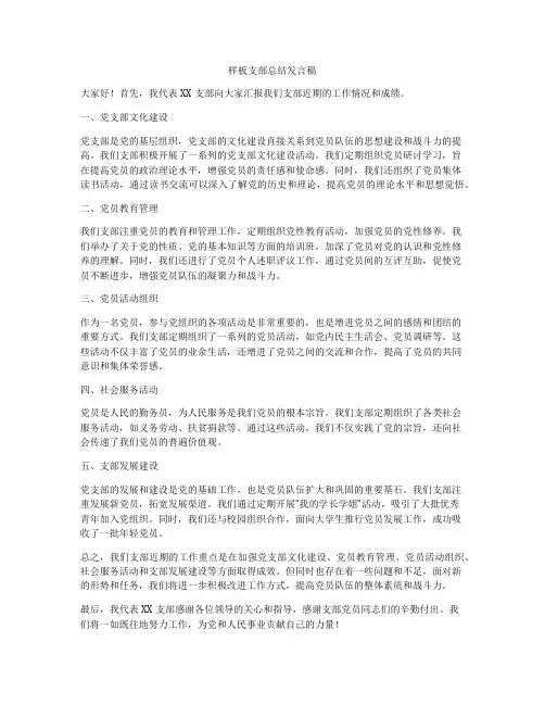 样板支部总结发言稿