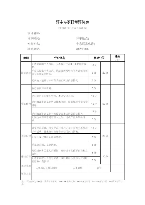 评审专家日常评价表