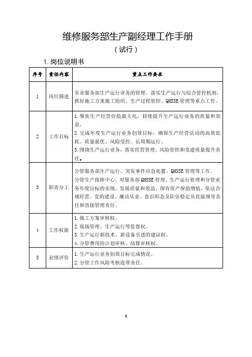 地面工程维修服务部生产副经理工作手册