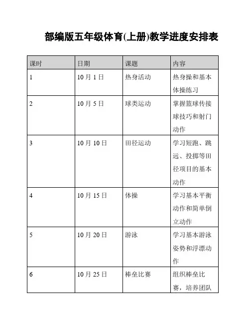 部编版五年级体育(上册)教学进度安排表