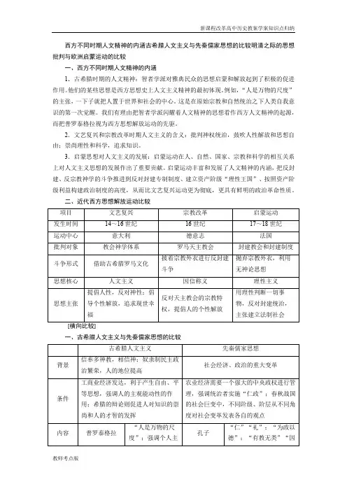 西方不同时期人文精神的内涵古希腊人文主义与先秦儒家思想的比较明清之际的思想批判与欧洲启蒙运动的比较