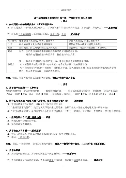 高一政治必修1经济生活 第一课  神奇的货币 知识点归纳小结精编版