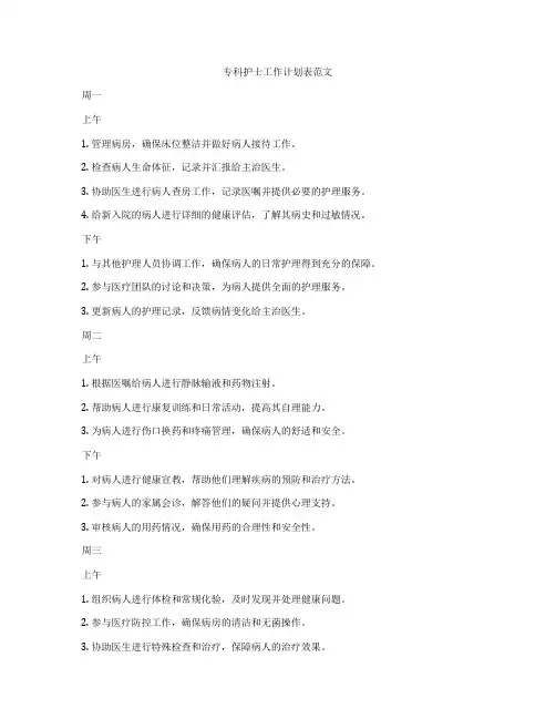 专科护士工作计划表范文