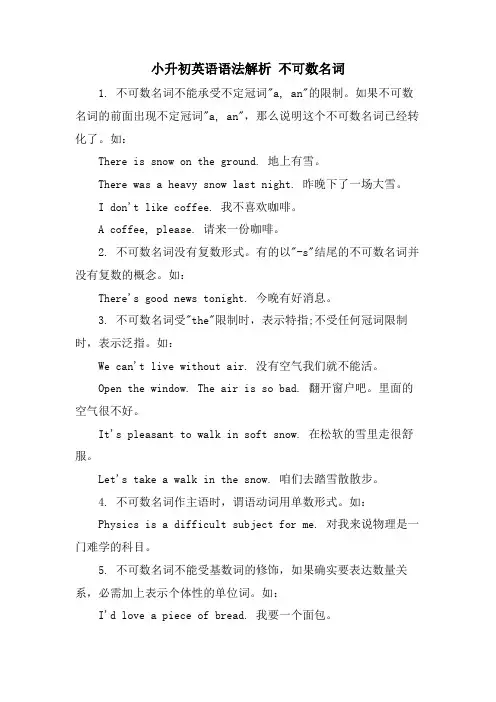 小升初英语语法解析 不可数名词