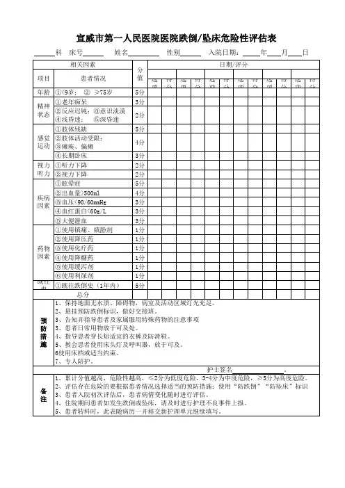 跌倒、坠床评估表