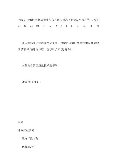 内蒙古自治区质监局批准发布《地理标志产品 敖汉小米》等18项地方标准的公告 2016年第3号