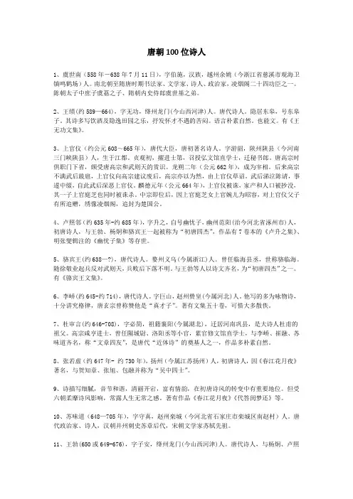 唐朝100位诗人