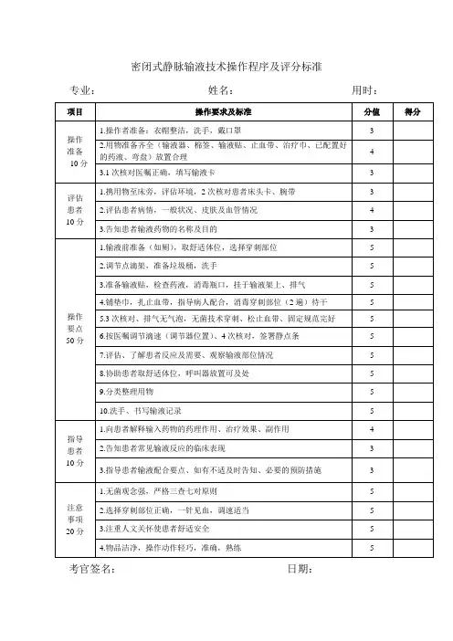 密闭式静脉输液技术操作程序及评分标准