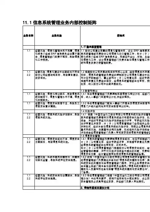 内部控制手册第3部分-内控矩阵(C)——11,1信息系统管理业务内部控制矩阵
