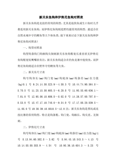 钓鱼技巧之钓具：新关东鱼钩和伊势尼鱼钩对照表