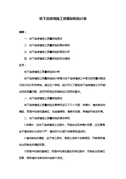 地下连续墙施工质量缺陷统计表