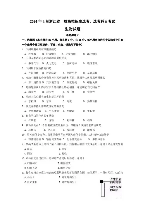 2024年4月浙江省普通高校招生学考选考科目考试生物试卷(完整版-含参考答案)