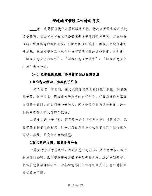街道城市管理工作计划范文(三篇)