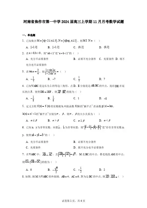 河南省焦作市第一中学2024届高三上学期11月月考数学试题