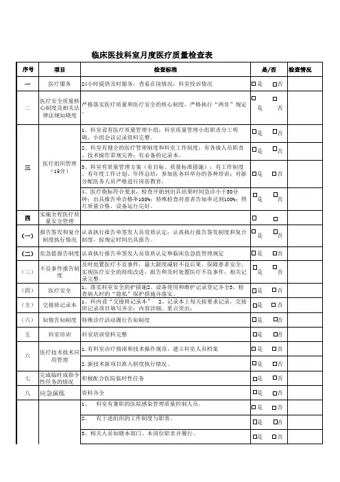 临床医技科室月度医疗质量检查表